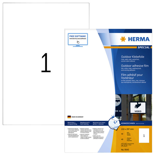 Film adhésif extérieur HERMA 9543 210x297mm polyester 40 pièces