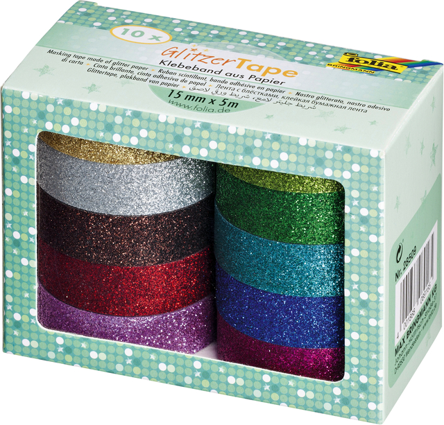 Plakband Folia glitter 5mx15mm 10 stuks 10 kleuren