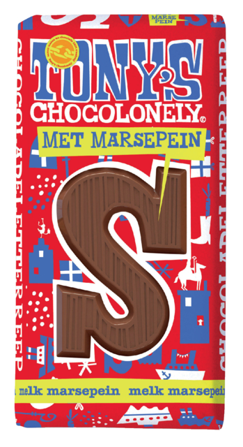 Chocoladeletter Tony's Chocolonely melk marsepein S 180gr