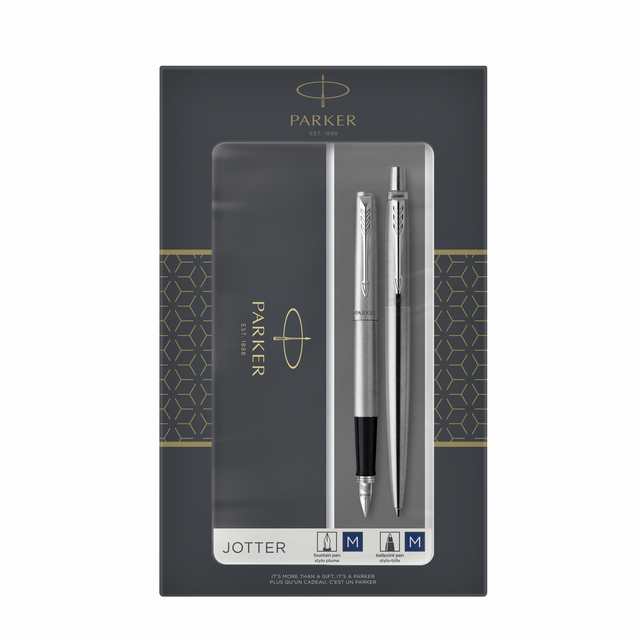 Balpen en vulpen Parker Jotter stainless steel CT medium 2 stuks