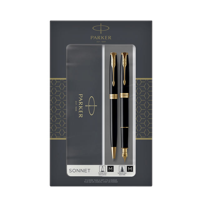 Balpen en vulpen Parker Sonnet black lacquer GT medium 2 stuks