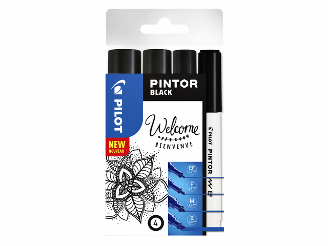 Feutre PILOT Pintor 4 largeurs assorties noir étui 4 pièces
