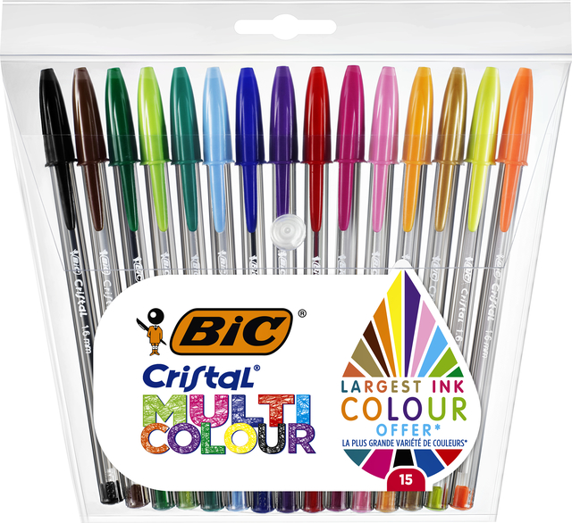 Stylo bille BIC Cristal Multicolour étui 15 stylos