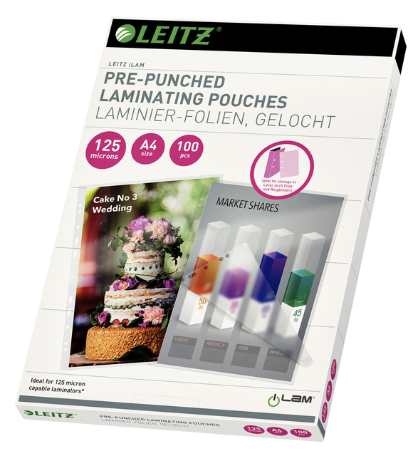 Lamineerhoes Leitz iLAM A4 met perforatieband 2x125micron EVA 100 stuks