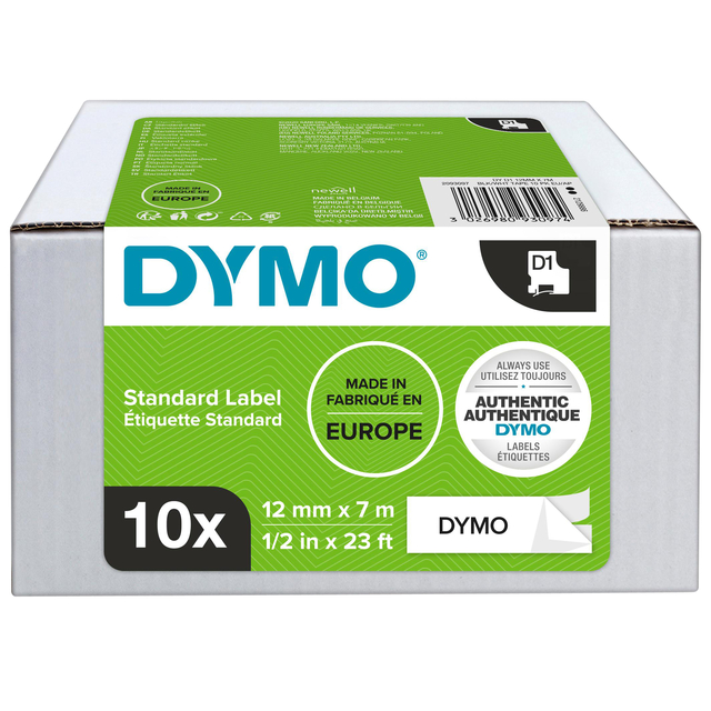 Ruban étiquettes Dymo LabelManager D1 polyester 12mm noir sur blanc 10 pièces