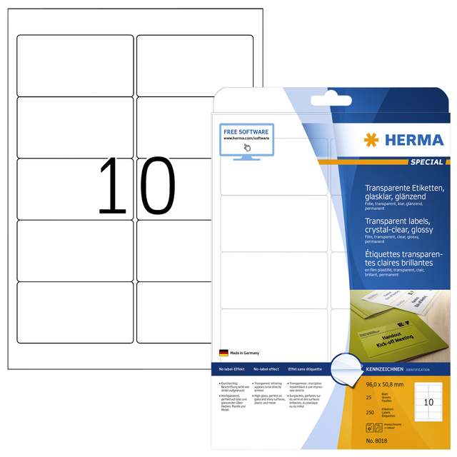 Etiquette HERMA 8018 96x50,8mm transparent 250 pièces