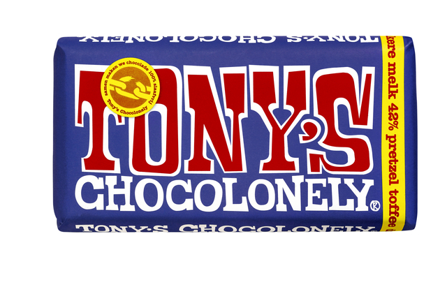 Chocolade Tony's Chocolonely donker melk pretzel toffee reep 180gr