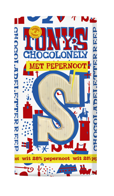 Chocoladeletter Tony's Chocolonely wit pepernoot S 180gr