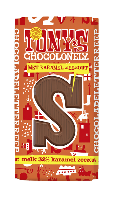 Chocoladeletter Tony's Chocolonely melk karamel zeezout S 180gr