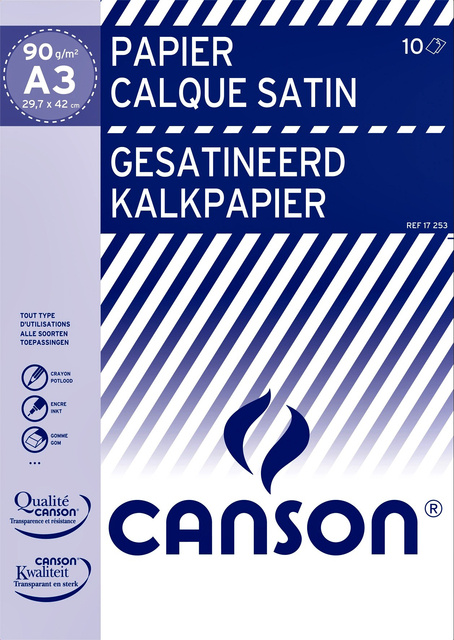Kalkpapier Canson gesatineerd 10vel 90gr A3 doorschijnend