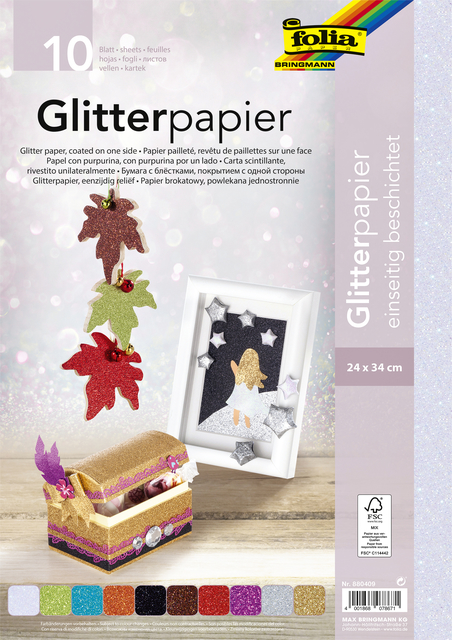 Glitterpapier Folia 1-zijdig 24x34cm 170gr 10 vel assorti