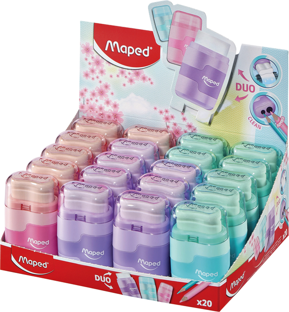 Puntenslijper Maped Connect 2gaats met gum display á 20 stuks pastel assorti