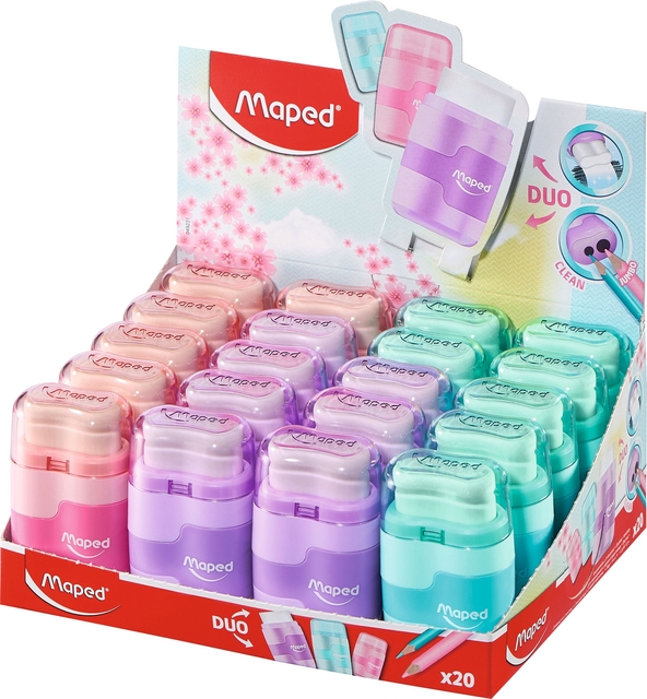 Puntenslijper Maped Connect 2gaats met gum display á 20 stuks pastel assorti