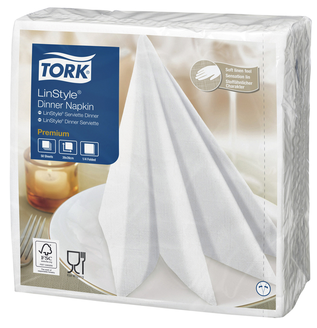 Dinerservet Tork Linstyle Premium 1/4 vouw 1-laags 390x390mm 50 vel wit 478711