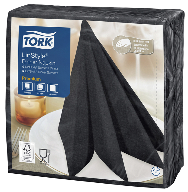 Dinerservet Tork Linstyle Premium 1/4 vouw 1-laags 390x390mm 50 vel zwart 478726