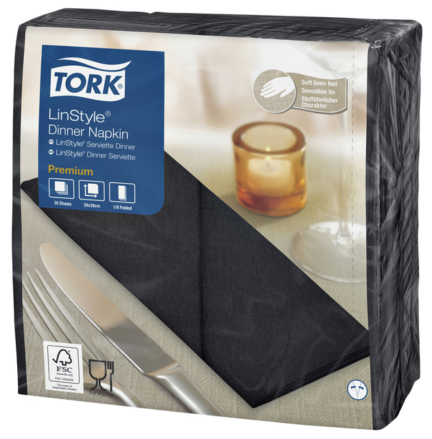 Dinerservet Tork Linstyle Premium 1/8 vouw 1-laags 390x390mm 50 vel zwart 478151