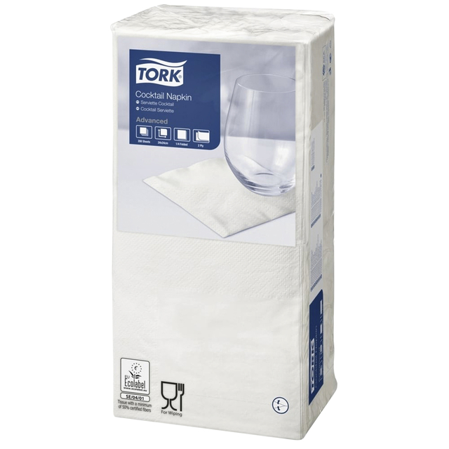 Serviette Tork Cocktail 477534 2 épaisseurs pli 1/4 blanc 200 pièces