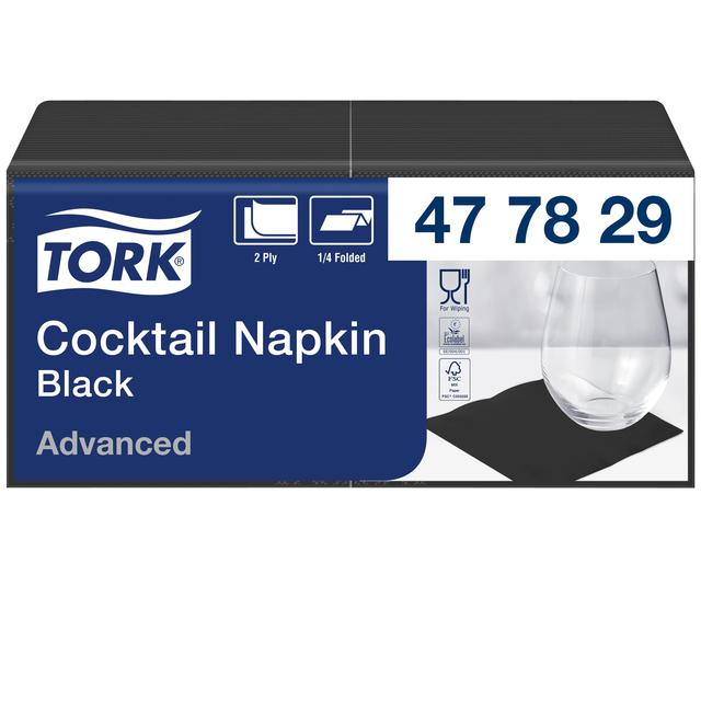 Serviette Tork Cocktail Advanced 477829 2 épaisseur pli 1/4 238x238cm noir 200 pièces