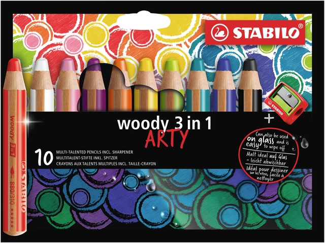 Kleurpotloden STABILO 880 woody 3 in 1 Arty incl slijper ass 10st