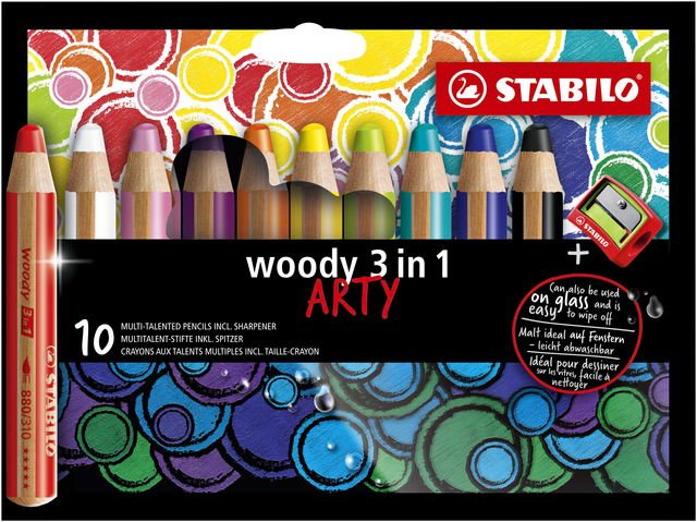 Kleurpotloden STABILO 880 woody 3 in 1 Arty inclusief puntenslijper assorti etui à 10 stuks