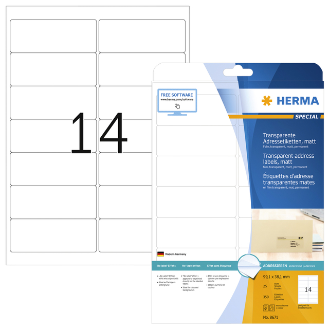 Etiquette HERMA 8671 A4 99,1x38,1mm 350 pièces fim transparent mat