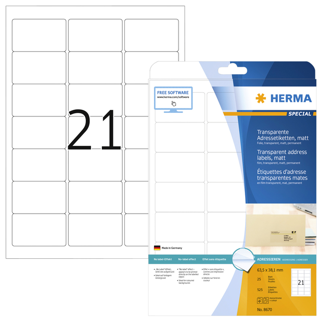 Etiquette HERMA 8670 A4 63,5x38,1mm 525 pièces film transparent mat