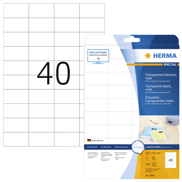 Etiquette HERMA 4684 A4 52,5x29,7mm 1000 pièces film transparent mat