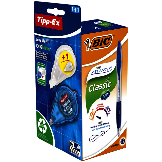 Balpen BIC Atlantis + gratis Tipp-Ex easy medium blauw doos à 12 stuks