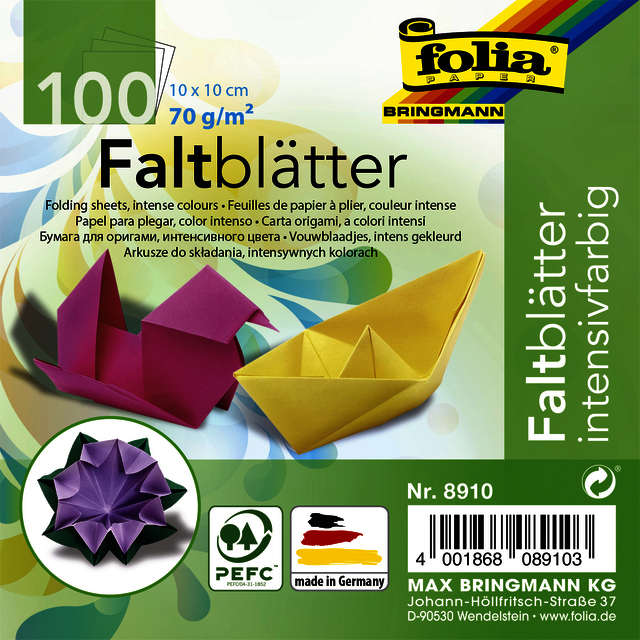 Origami papier Folia 70gr 10x10cm 100 vel assorti kleuren