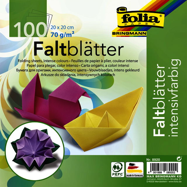 Origami papier Folia 70gr 20x20cm 100 vel assorti kleuren