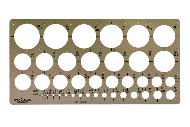 Cirkelsjabloon Linex 39 cirkels met inktvoetjes 1-35mm grijs