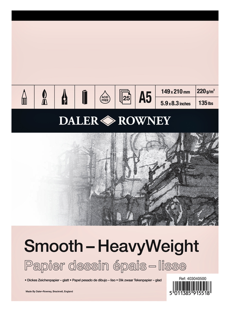 Papier dessin Daler Rowney épais lisse 220g A5 25 feuilles blanc