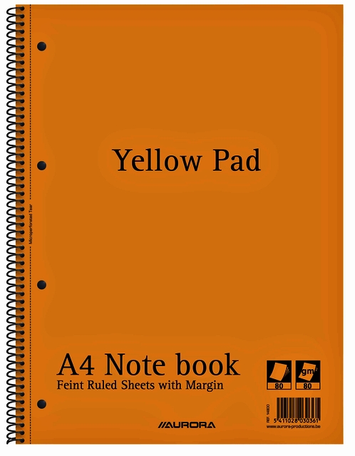 Collegeblok Aurora Yellow Pad A4 lijn 4-gaats 160 pagina's 80gr geel