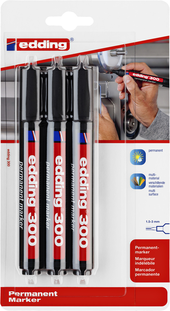 Marqueur edding 300 ogive 1,5-3mm noir blister 3 pièces