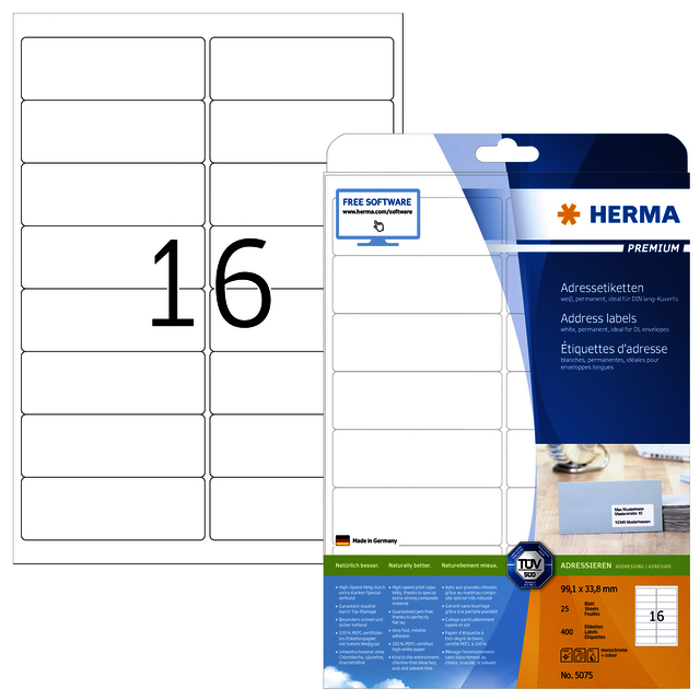 Etiquette HERMA 5075 Premium A4 99,1x33,8mm 400 pièces blanc