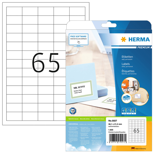 Etiquette HERMA 5027 Premium A4 38,1x21,2mm blanc 1625 pièces