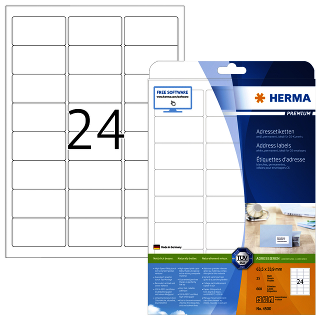 Etiquette HERMA 4500 Premium A4 63,5x33,9mm blanc