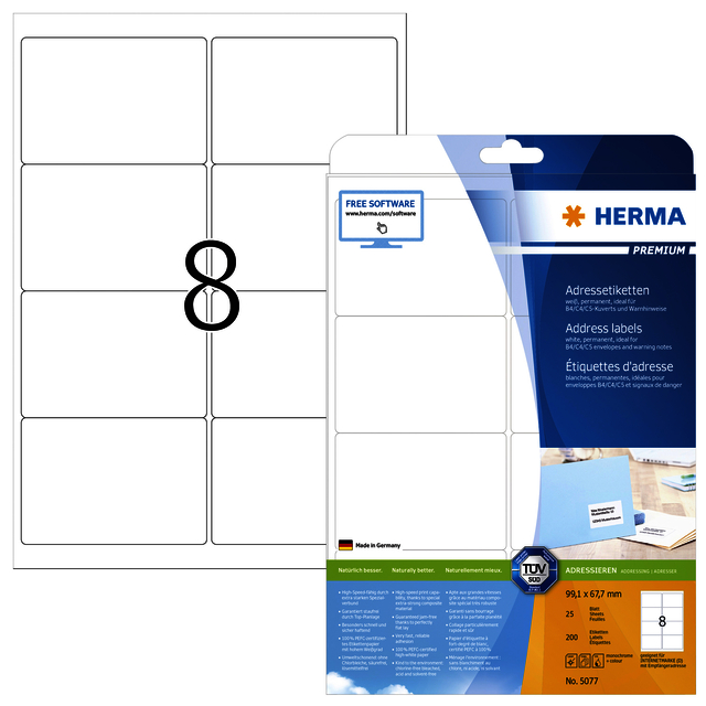 Etiquette HERMA 5077 Premium A4 99,1x67,7mm blanc 200 pièces