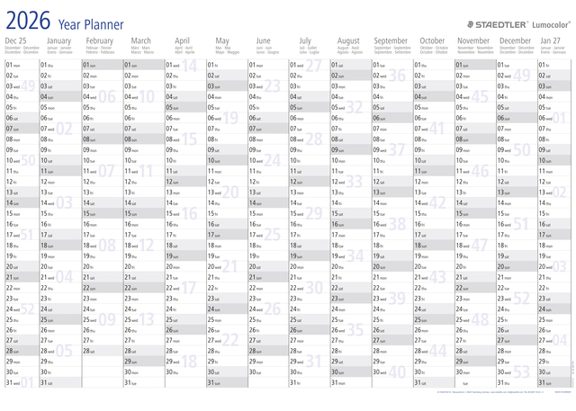 Jaarplanner 2026 Staedtler Lumocolor 84x60cm oprolbaar