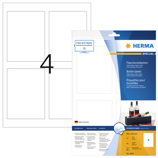 Etiket HERMA flessen 8882 90x120mm A4 glossy wit 40stuks