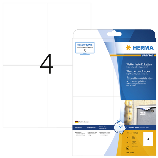 Etiket HERMA 4598 105x148mm A4 folie wit 40stuks