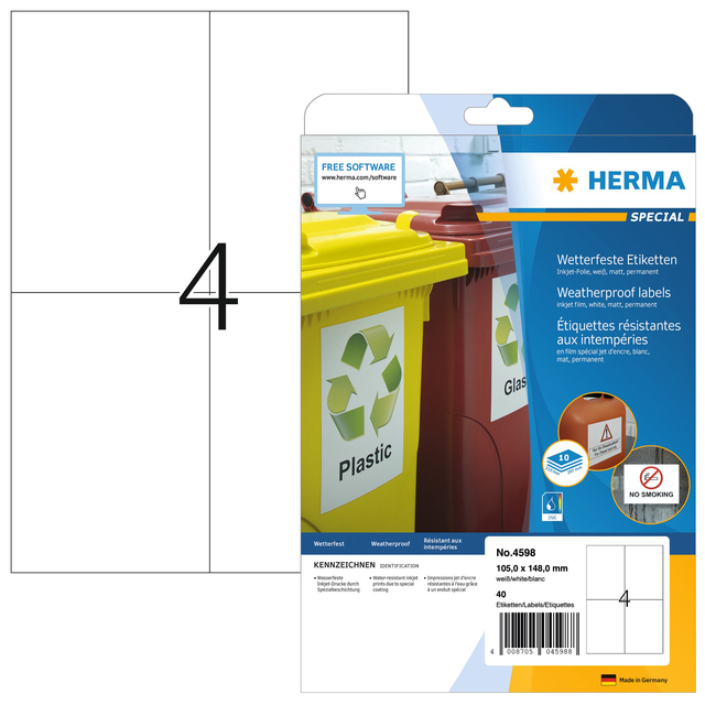 Etiquette HERMA 4598 105x148mm A4 synthétique 40 pièces blanc