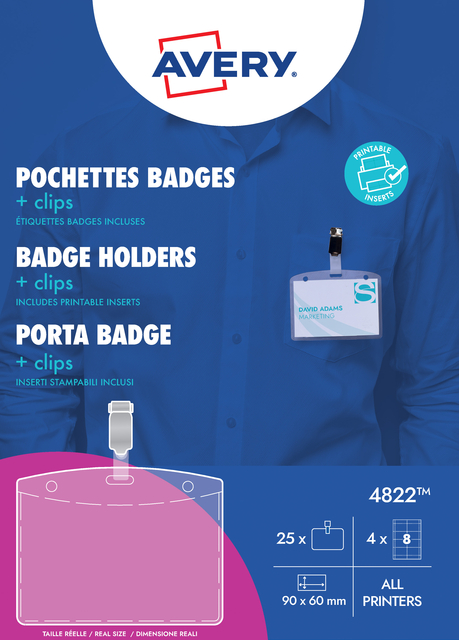 Badge à clip Avery 4822 60x90mm 25 pièces + 32 cartes à insérer