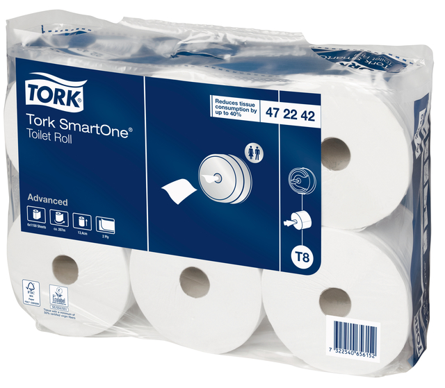 Toiletpapier Tork T8 Advanced SmartOne 2-laags 207m wit 472242