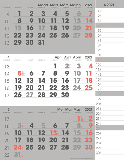 Calendrier trimestriel 2025 Manager format compact Notes