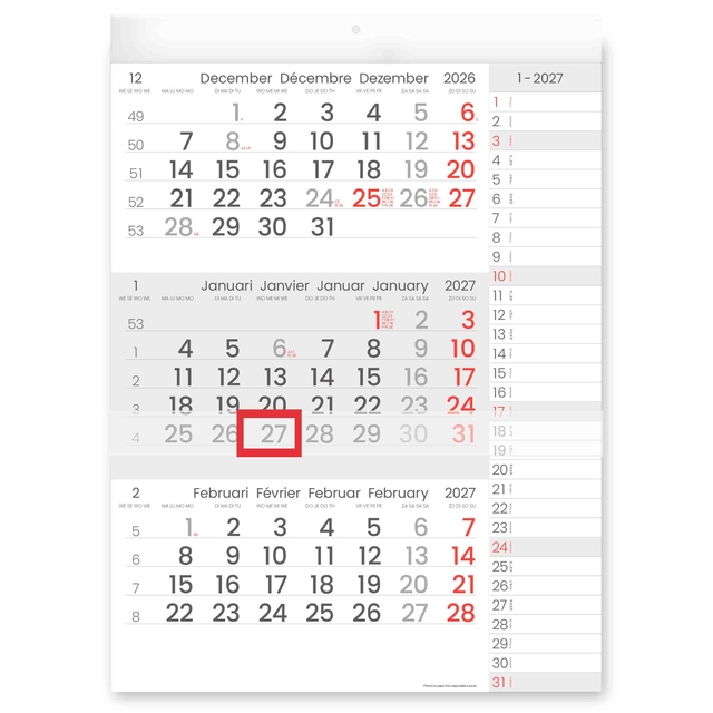 Calendrier trimestriel 2027 Manager format compact Notes