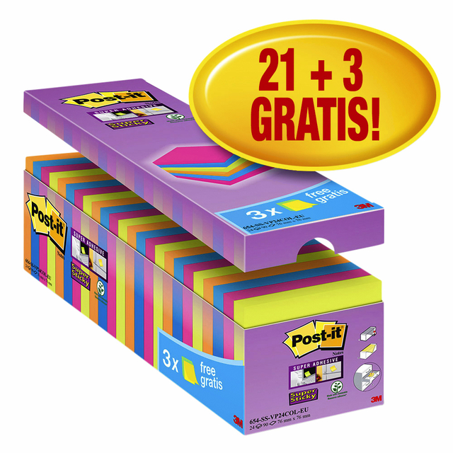 Memoblok Post-it 654 Super Sticky 76x76mm 21+3 gratis assorti