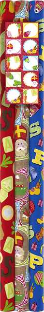 Papier cadeau Saint-Nicolas 200x70cm lot 3 rouleaux + feuille stickers assorti