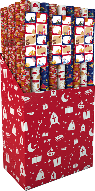 Papier cadeau Saint-Nicolas 200x70cm lot 3 rouleaux + feuille 10 stickers assorti