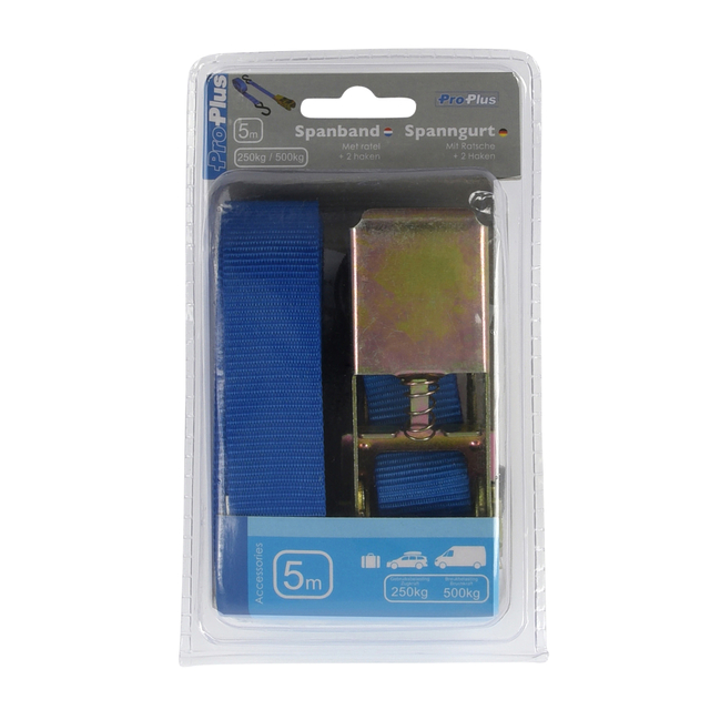 Sangle d'arrimage ProPlus avec tendeur à cliquet et 2 crochets 5m bleu
